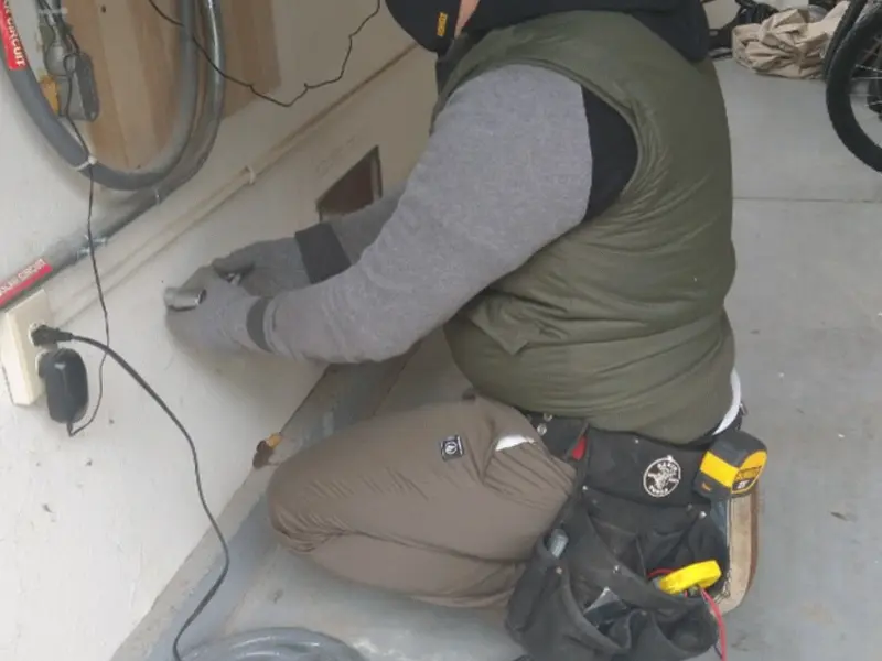 Electrician performing outlet wiring in a Marietta garage